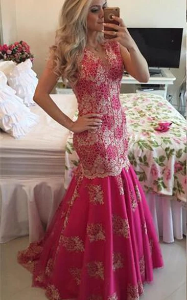Chic Lace Appliques Mermaid Sequins Prom Dress Fuchsia Sweep Train