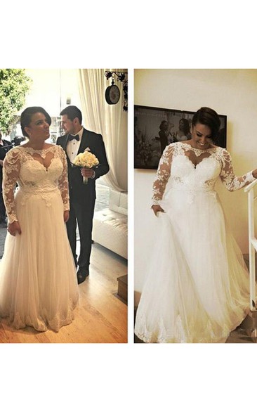 A Line Plus Size Lace Appliques Top Illusion Long Sleeves Bridal Gown with Pearls
