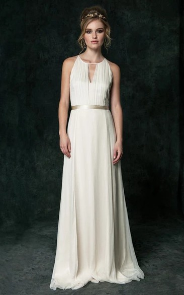 Ethereal Chiffon Halter Sleeveless Long Wedding Dress with Sash