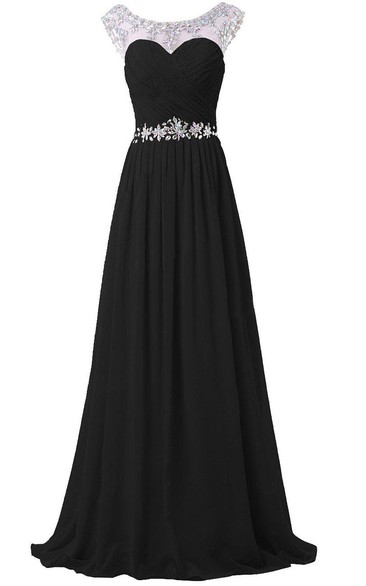 Cap Sleeve Floor-length Chiffon Dress With Flower Beadings