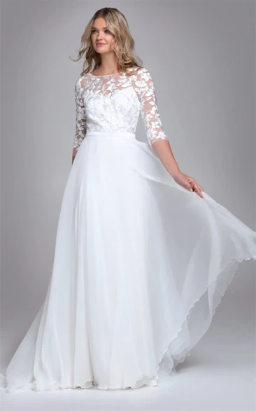 Elegant A Line Bateau Chiffon Brush Train Wedding Dress with Appliques