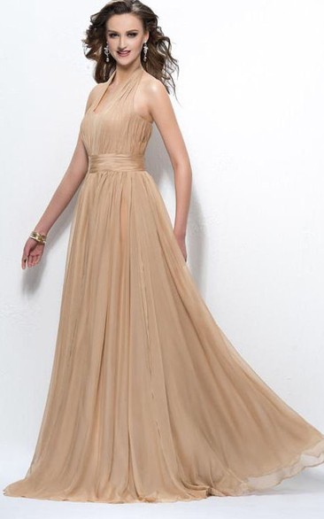 Elegant Charming Halter Beading Zipper-Up V-Neck A-Line Floor Length Prom Dress