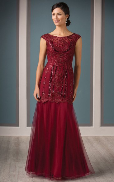 Cap-Sleeved Long Mother Of The Bride Dress With Sequins And Embroidery