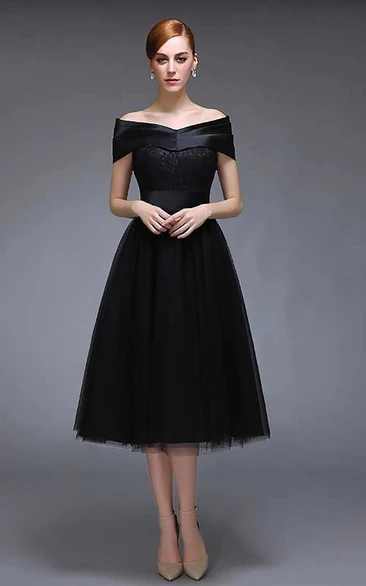 Off The Shoulder V Neck A-line Knee Length Tulle Dress