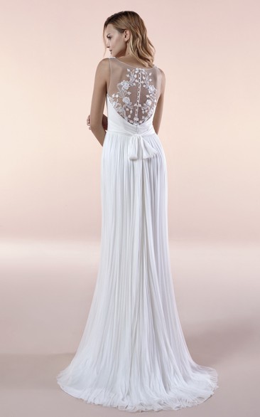 Illusion Sleeveless Deep V-neck Chiffon Gown With Sash And Pleats