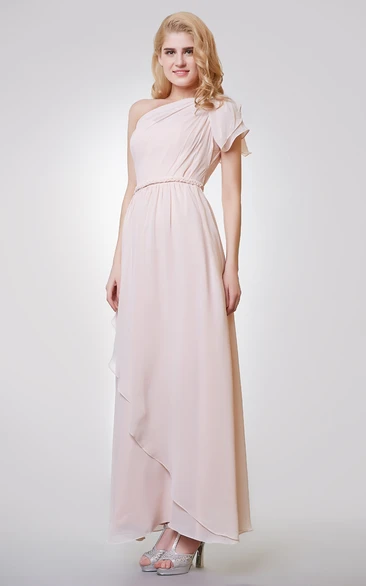 One Shoulder A-line Long Chiffon Dress With Side Draping