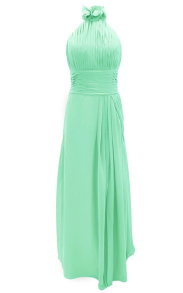 Floral Halter Pleated A-line Gown With Ruched Band