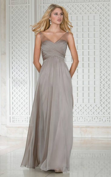 V-Neck Sleeveless A-Line Bridesmaid Dress With Illusion Straps And Pleats