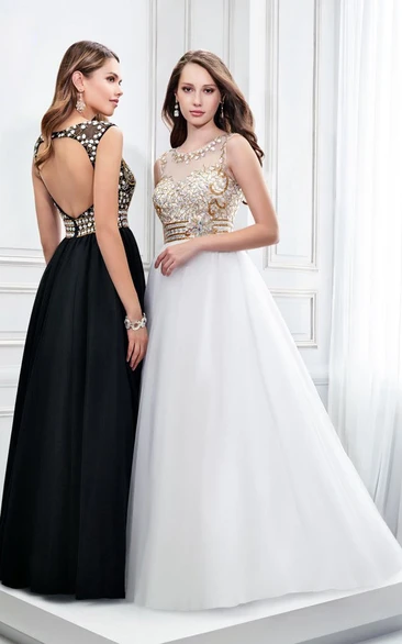 Sleeveless Scoop Neck Crystal Satin Prom Dress With Keyhole