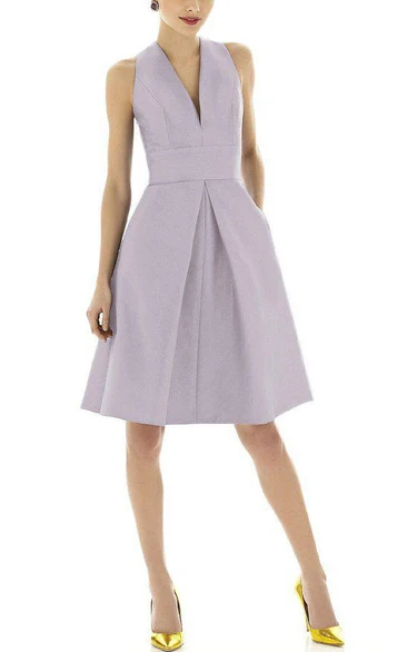 V-neck Sleeveless Satin Short Dress with Pleats