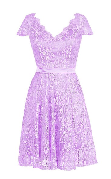 V-neckline A-line Dress With Lace Bodice and Belt