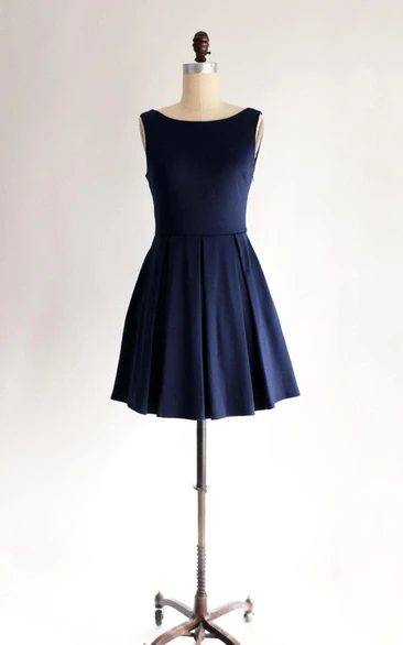 Bateau Knee Length Pleated Jersey Dress With U Back and Bow