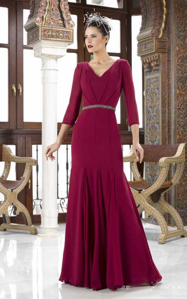 3-4 Sleeve V-Neck Jeweled Chiffon Mother Of The Bride Dress