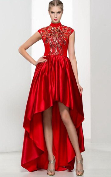 High Neck Cap Sleeves Appliques Beading Asymmetry Prom Dress