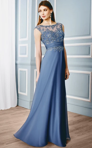 Sheath Cap-Sleeveless Bateau Floor-Length Appliqued Formal Dress With Illusion Back