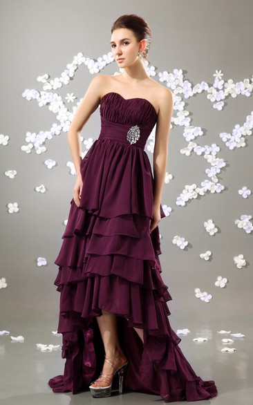 High-Low Sweetheart Dress With Tiers and Broach