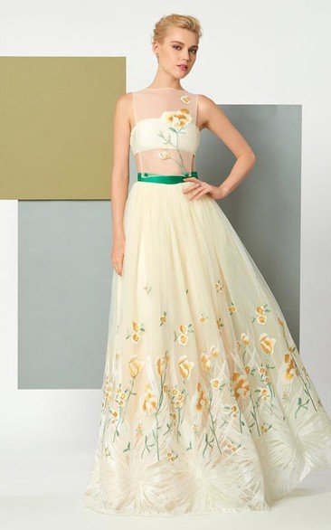 A Line Scoop Neck Sleeveless Embroidery Floor Length Evening Dress