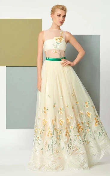 A Line Scoop Neck Sleeveless Embroidery Floor Length Evening Dress