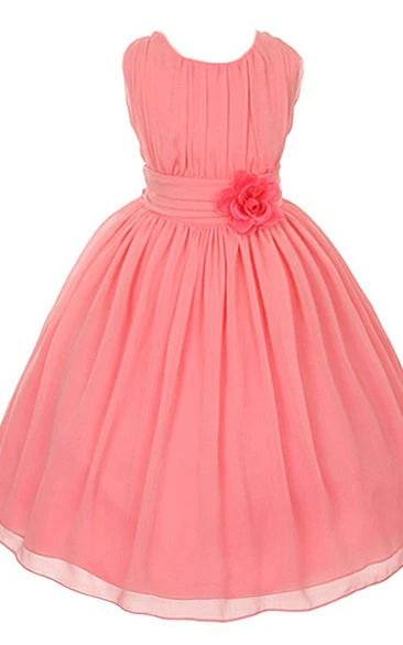 Sleeveless A-line Pleated Tulle Dress With Flower