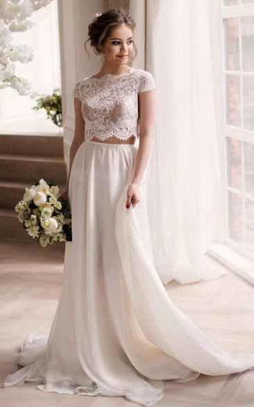 Bateau Short Sleeve Two-Piece Chiffon Wedding Dress With Lace Top