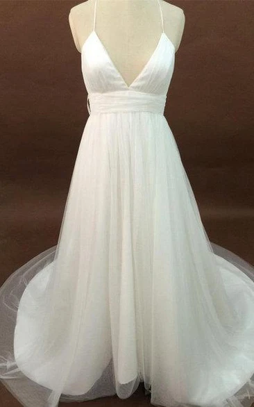 V-Neck Tulle A-Line Gown With Spaghetti Straps and Lace Back