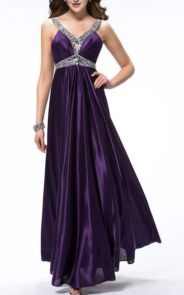 Elegant V-Neck Beading Ruched Straps Empire Floor-Length Evening Dress