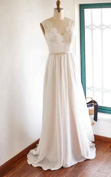 V-neck Sleeveless Chiffon Wedding Dress With Top And Sweep Train