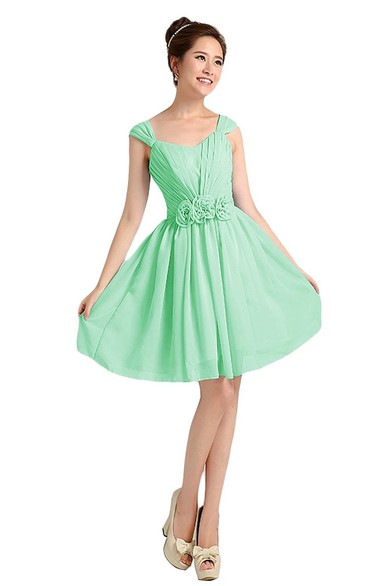 Cap-sleeve Pleated Chiffon Short Dress With Flowers