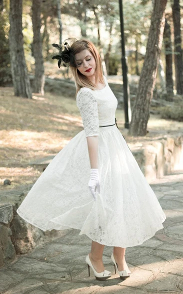 Jewel Tea-Length Lace Wedding Dress With Sash And Half Illusion Sleeve