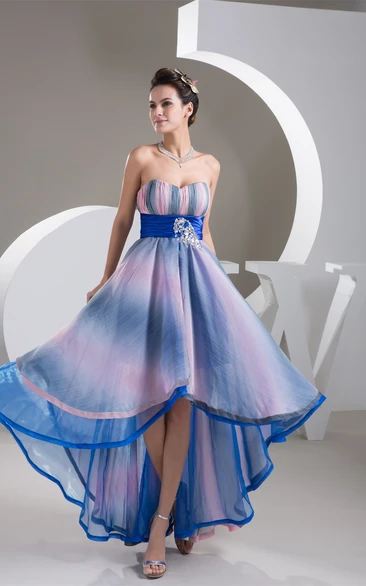 Mute-Color Ruched High-Low Rhinestone and Dress With Pleats