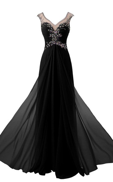 Cap-sleeved Long Gown With Beaded Illusion Style