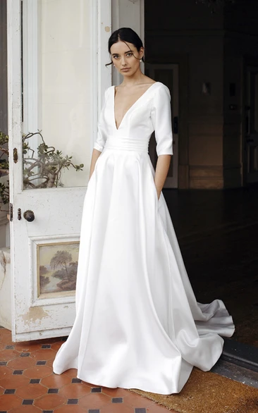 Plunging V-neck Sexy Elegant Satin Court Train Wedding Dress With 3/4 Sleeves