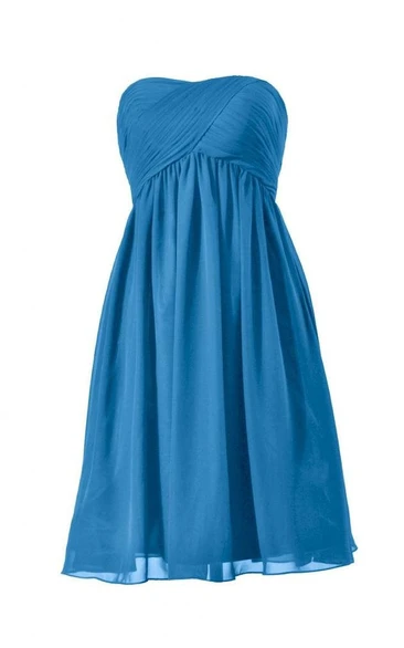 Strapless Asymmetrical Ruched Bodice Knee-length Pleated Chiffon Dress