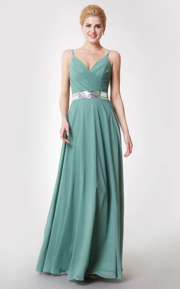 Spaghetti Strap V Neck Long Chiffon Dress With Sequin Belt