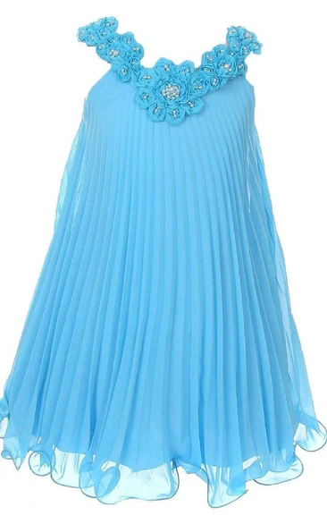 Sleeveless V-neck Pleated Dress With Flowers