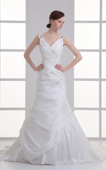Magnificent Taffeta Sleeveless Trumpet Plunged Wedding Dresses