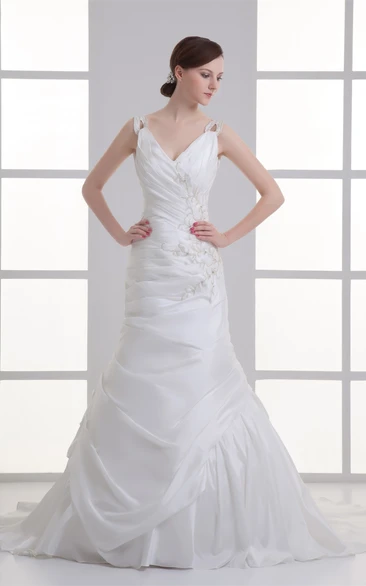 Magnificent Taffeta Sleeveless Trumpet Plunged Wedding Dresses