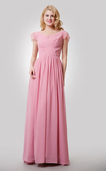 Chiffon A-Line Long Dress With V-Neck and Cap Lace Sleeves