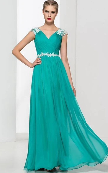 V-Neck Appliques Pleats Long Prom Dress
