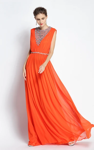 A-Line Floor-length Jewel Chiffon Sleeveless Prom Dress with Beading and Ruching