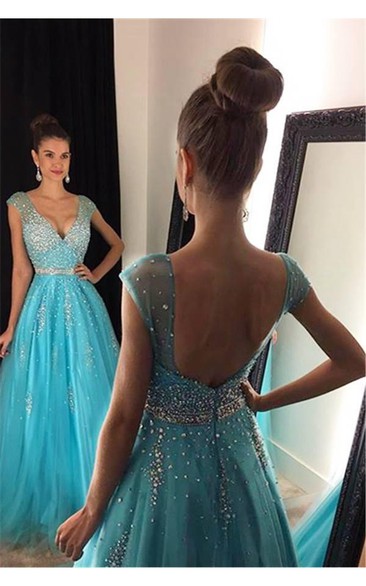 Elegant V-Neck Beadings Prom Dresses Long A-Line Tulle