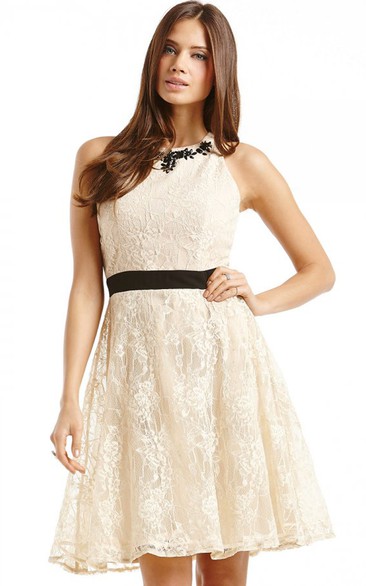 Lace Sleeveless Dess Short Dress With Satin Sash