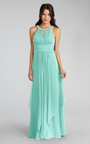 Long-Chiffon Jewel-Neck Unique Dress With Keyhole