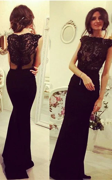 Elegant Black Sleeveless Mermaid Evening Dress Lace Appliques Beadings