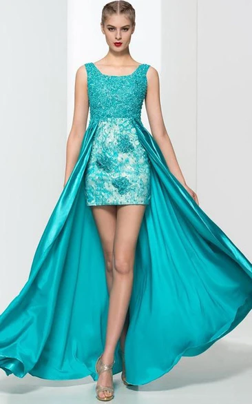 Square Neck Appliques Beading High Low Prom Dress