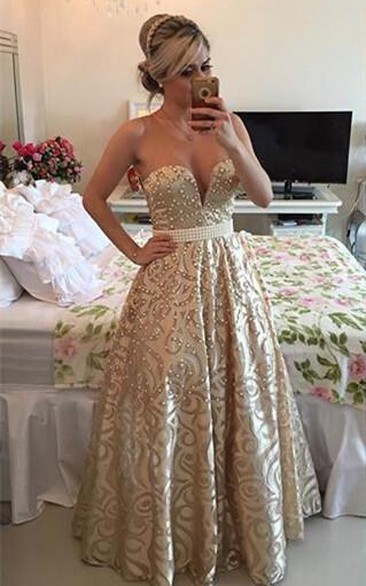 Modern V-neck Sleeveless Pearls Prom Dress Open Back Floor-length