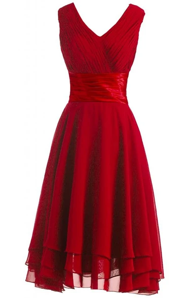 V-neckline Pleated Layered Dress With Satin Belt