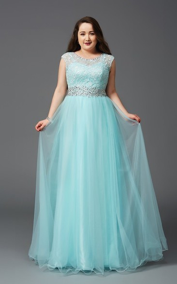 A-line Floor-length Scoop Cap Tulle Lace Waist Jewellery Illusion Dress