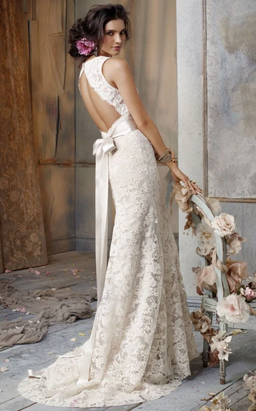 Delicate Sleeveless V-Neck Lace Gown With Bow at Back