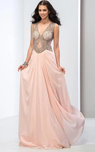Deep-V Neck Open Back Sequins Long Prom Dress
